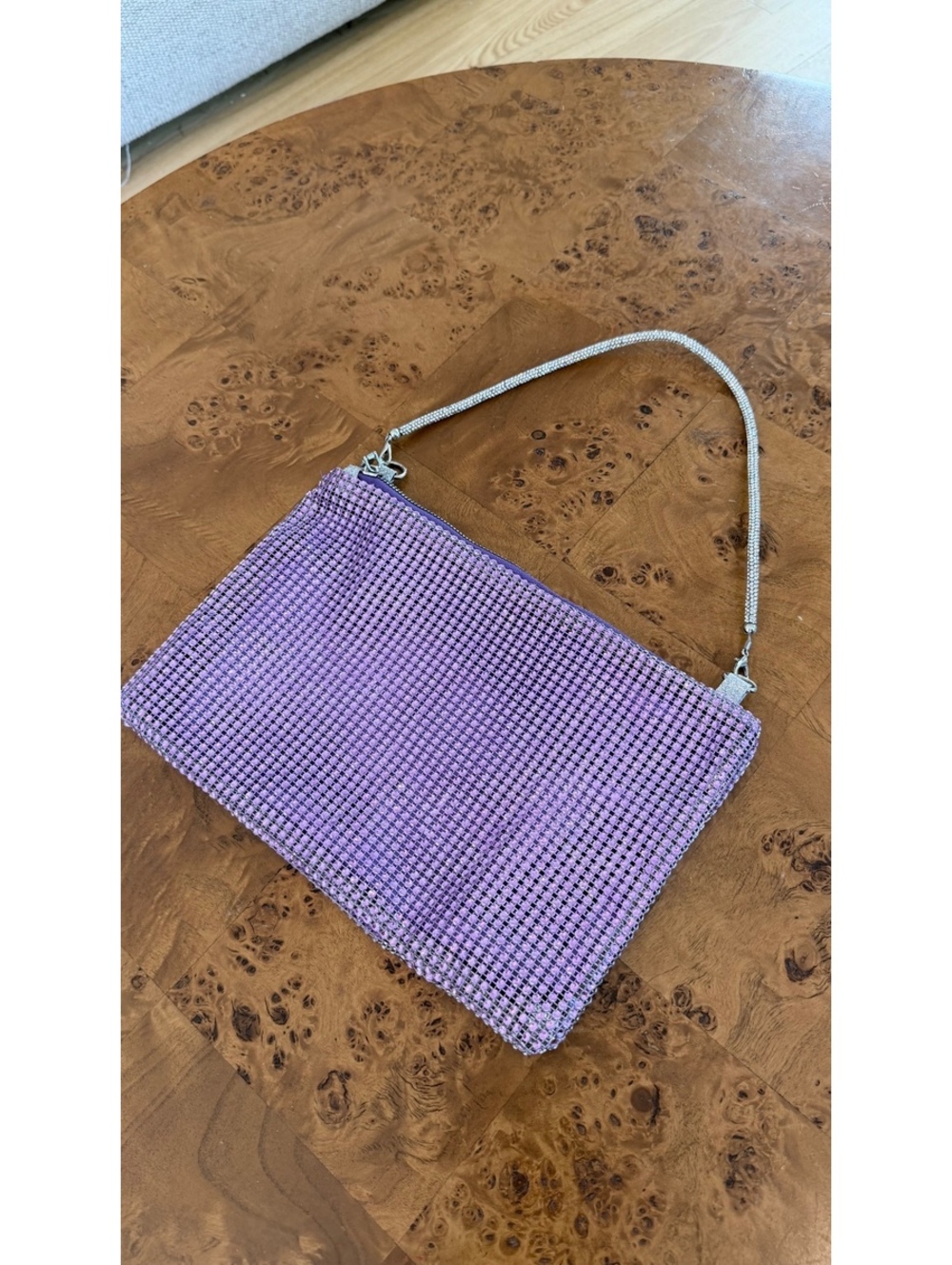 Purple Crystal Mesh Evening Clutch Bag with Rhinestone Strap